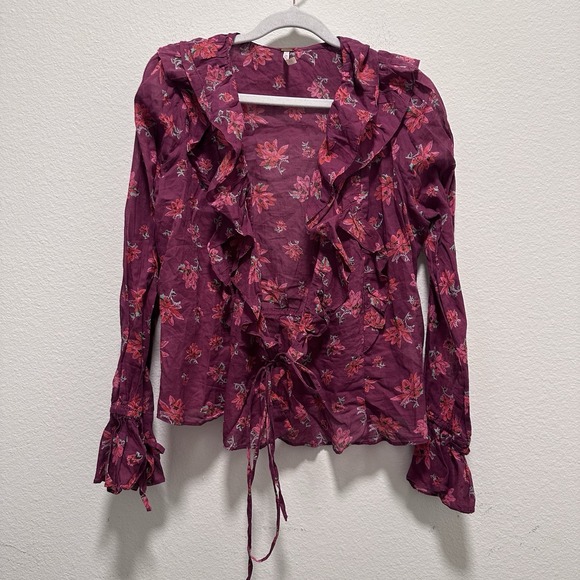 Free People Top Amanda Ruffle Wrap Top Floral Red Pink Womens Sz S Peasant Boho - Picture 2 of 7